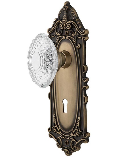 Victorian Door Set with Keyhole and Matching Crystal-Glass Knobs in Antique Brass.